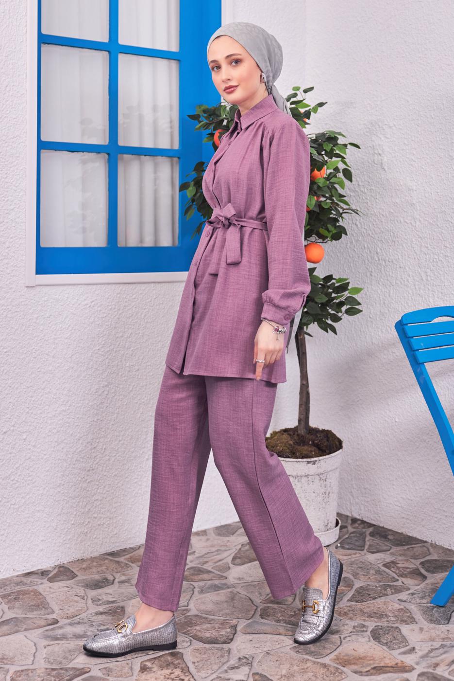 Tesettür giyim MOR KUŞAKLI PANTOLONLU TAKIM T 4383