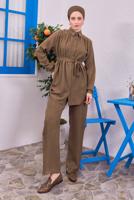 Tesettür giyim KAHVE KUŞAKLI PANTOLONLU TAKIM T 4383