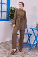 Tesettür giyim KAHVE KUŞAKLI PANTOLONLU TAKIM T 4383