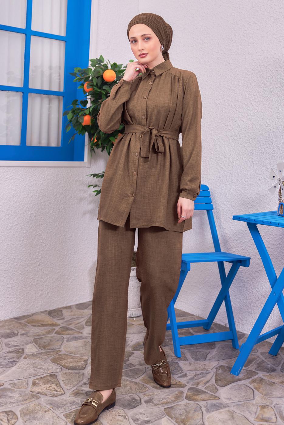 Tesettür giyim KAHVE KUŞAKLI PANTOLONLU TAKIM T 4383