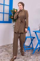 Tesettür giyim KAHVE KUŞAKLI PANTOLONLU TAKIM T 4383