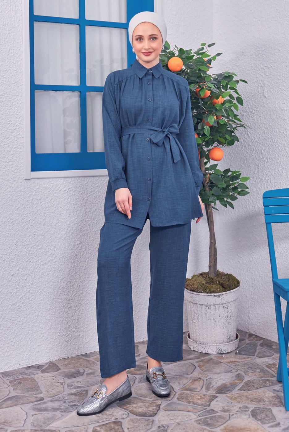 Tesettür giyim LACİVERT KUŞAKLI PANTOLONLU TAKIM T 4383