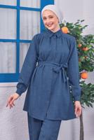 Tesettür giyim LACİVERT KUŞAKLI PANTOLONLU TAKIM T 4383