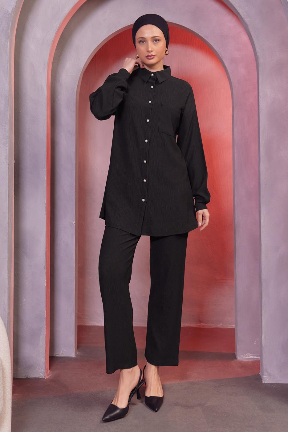 Tesettür giyim SİYAH GÖMLEK YAKA PANTOLONLU TAKIM T 4393
