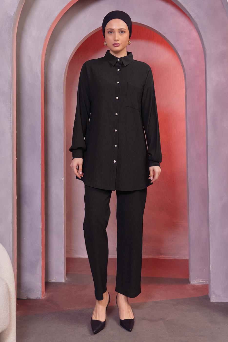 Tesettür giyim SİYAH GÖMLEK YAKA PANTOLONLU TAKIM T 4393