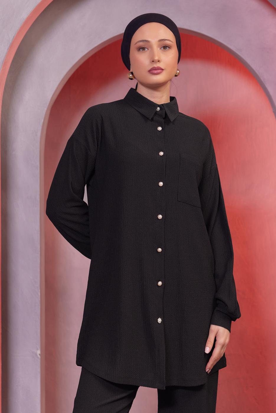 Tesettür giyim SİYAH GÖMLEK YAKA PANTOLONLU TAKIM T 4393