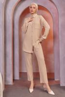 Tesettür giyim BEJ GÖMLEK YAKA PANTOLONLU TAKIM T 4393