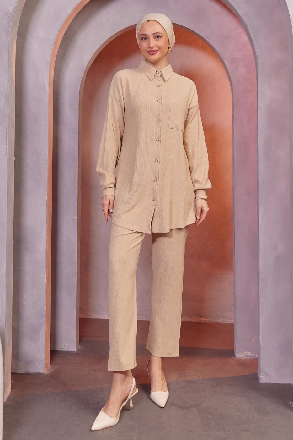 Tesettür giyim BEJ GÖMLEK YAKA PANTOLONLU TAKIM T 4393