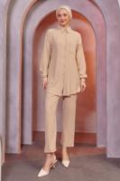 Tesettür giyim BEJ GÖMLEK YAKA PANTOLONLU TAKIM T 4393