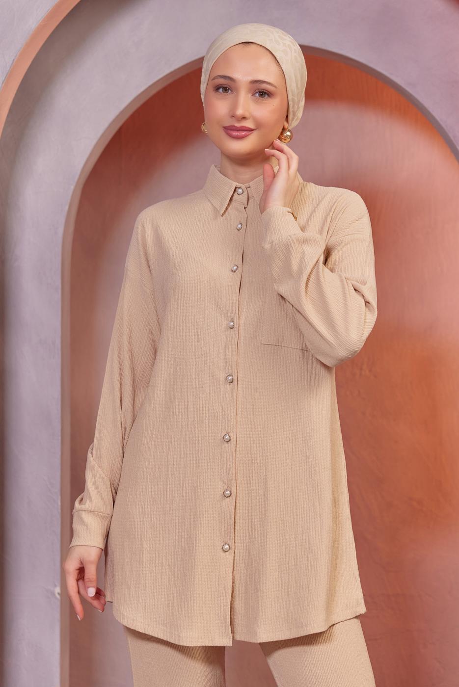 Tesettür giyim BEJ GÖMLEK YAKA PANTOLONLU TAKIM T 4393