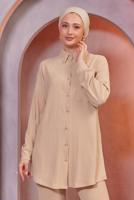 Tesettür giyim BEJ GÖMLEK YAKA PANTOLONLU TAKIM T 4393