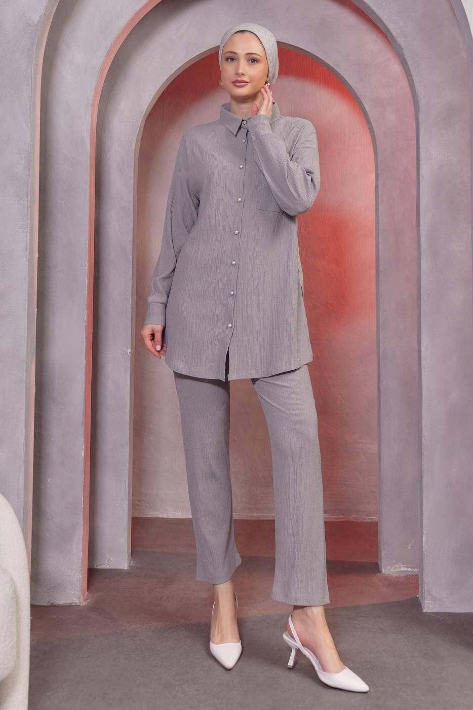 Tesettür giyim GRİ GÖMLEK YAKA PANTOLONLU TAKIM T 4393