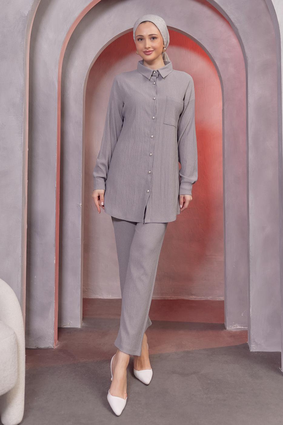 Tesettür giyim GRİ GÖMLEK YAKA PANTOLONLU TAKIM T 4393