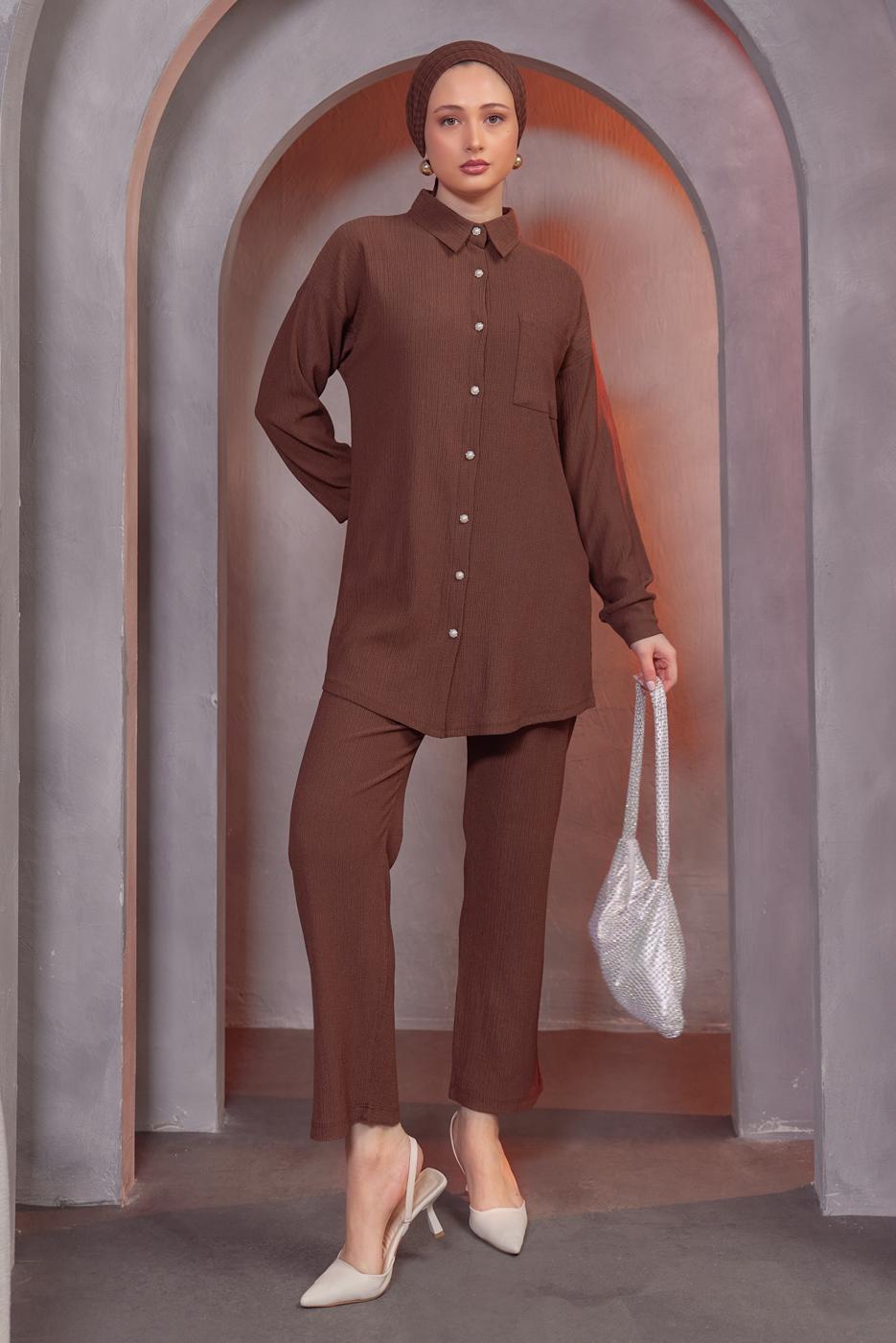 Tesettür giyim KAHVE GÖMLEK YAKA PANTOLONLU TAKIM T 4393