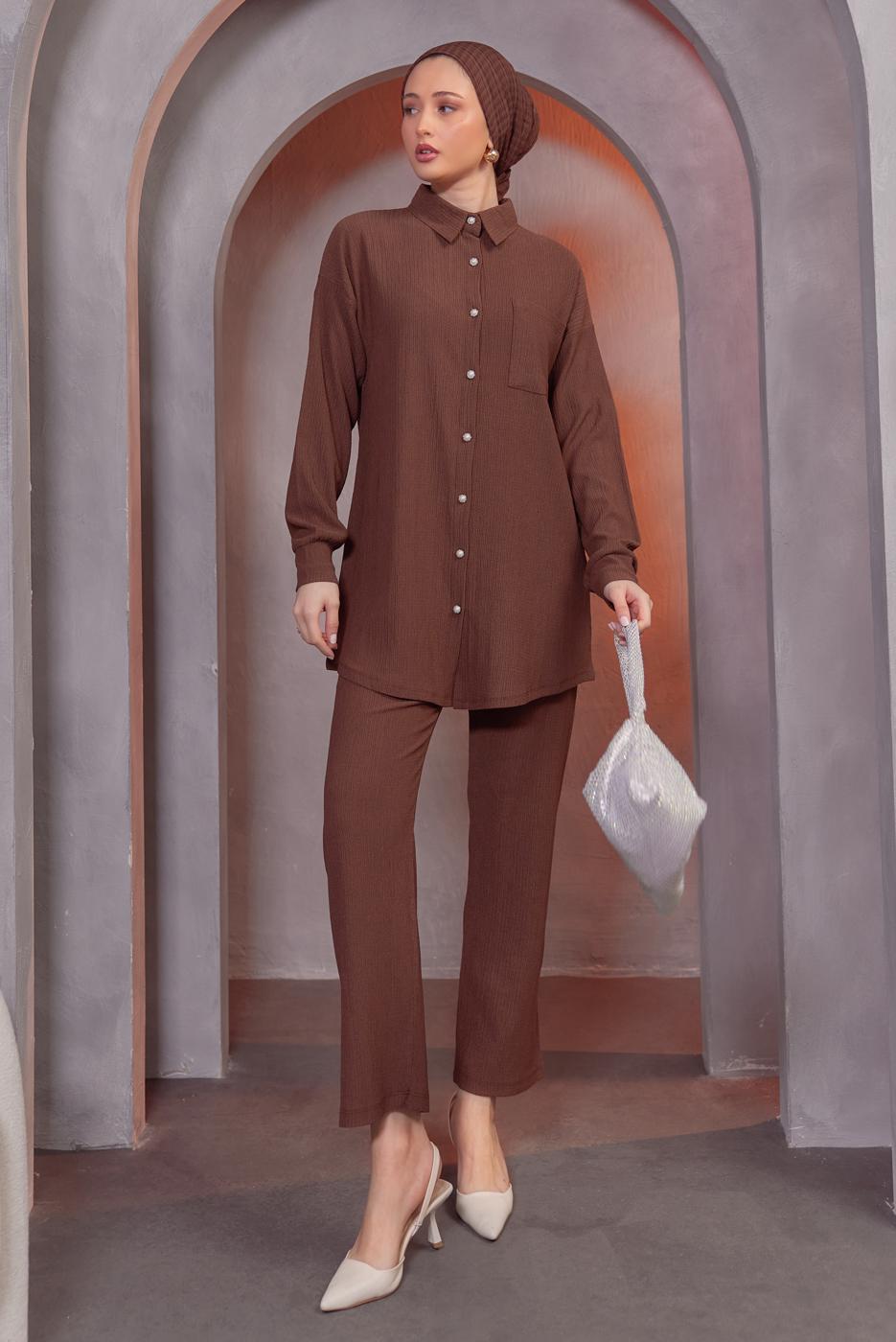 Tesettür giyim KAHVE GÖMLEK YAKA PANTOLONLU TAKIM T 4393