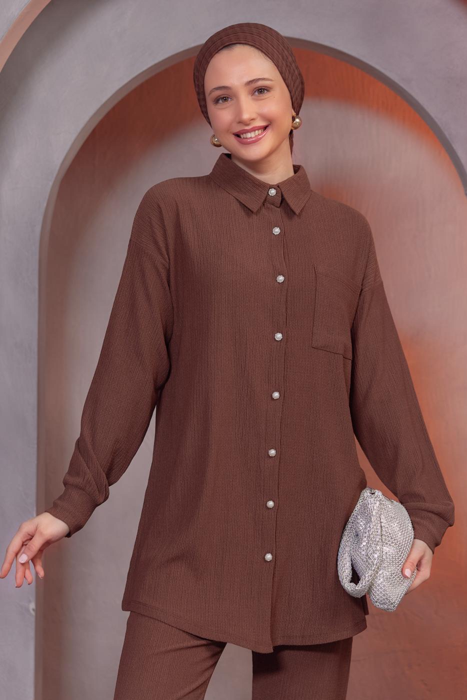 Tesettür giyim KAHVE GÖMLEK YAKA PANTOLONLU TAKIM T 4393