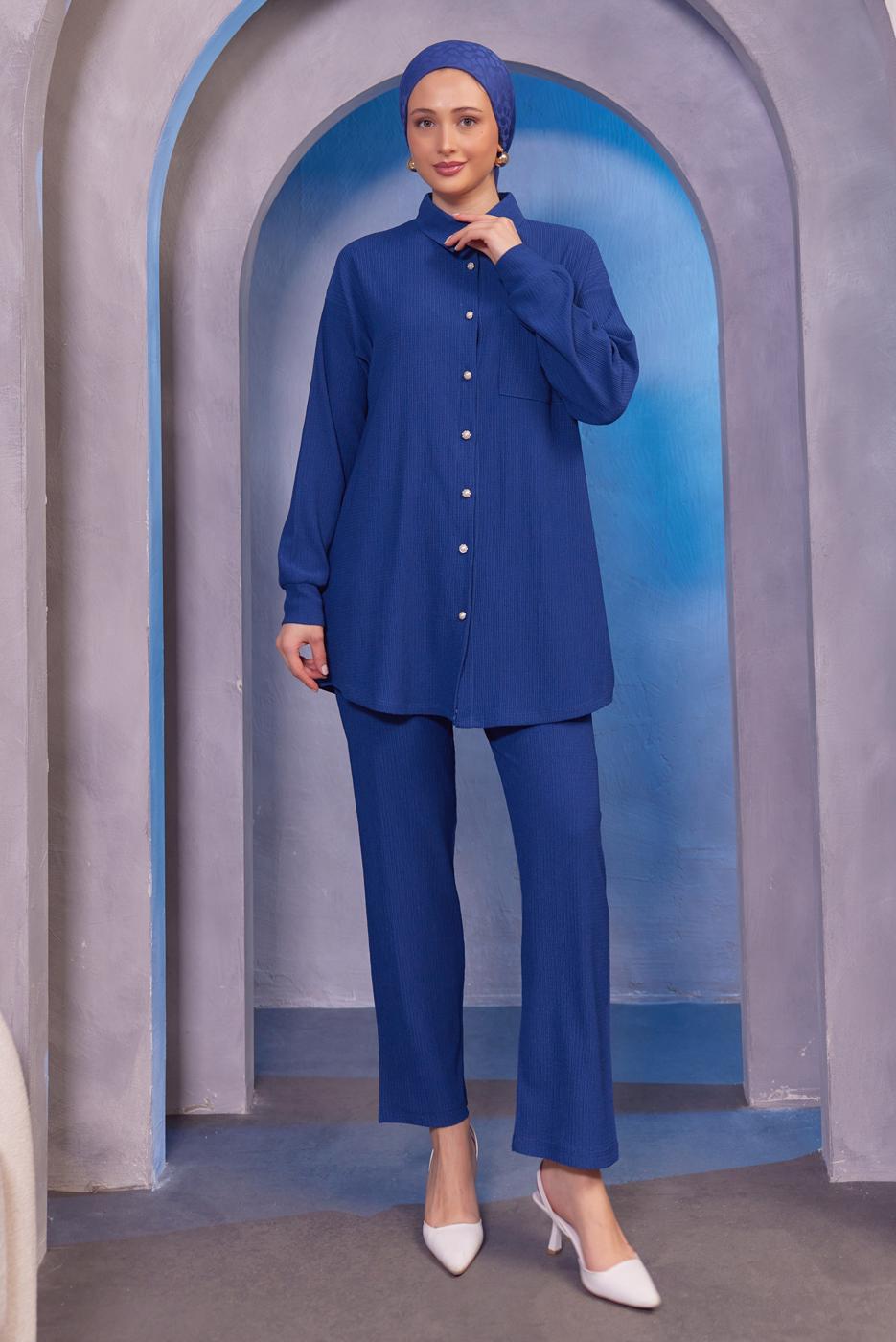 Tesettür giyim LACİVERT GÖMLEK YAKA PANTOLONLU TAKIM T 4393