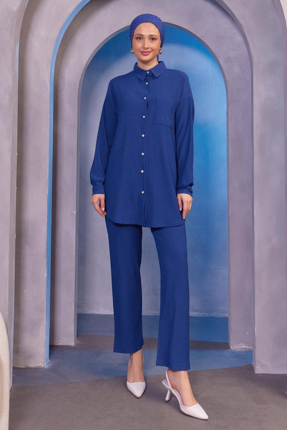 Tesettür giyim LACİVERT GÖMLEK YAKA PANTOLONLU TAKIM T 4393
