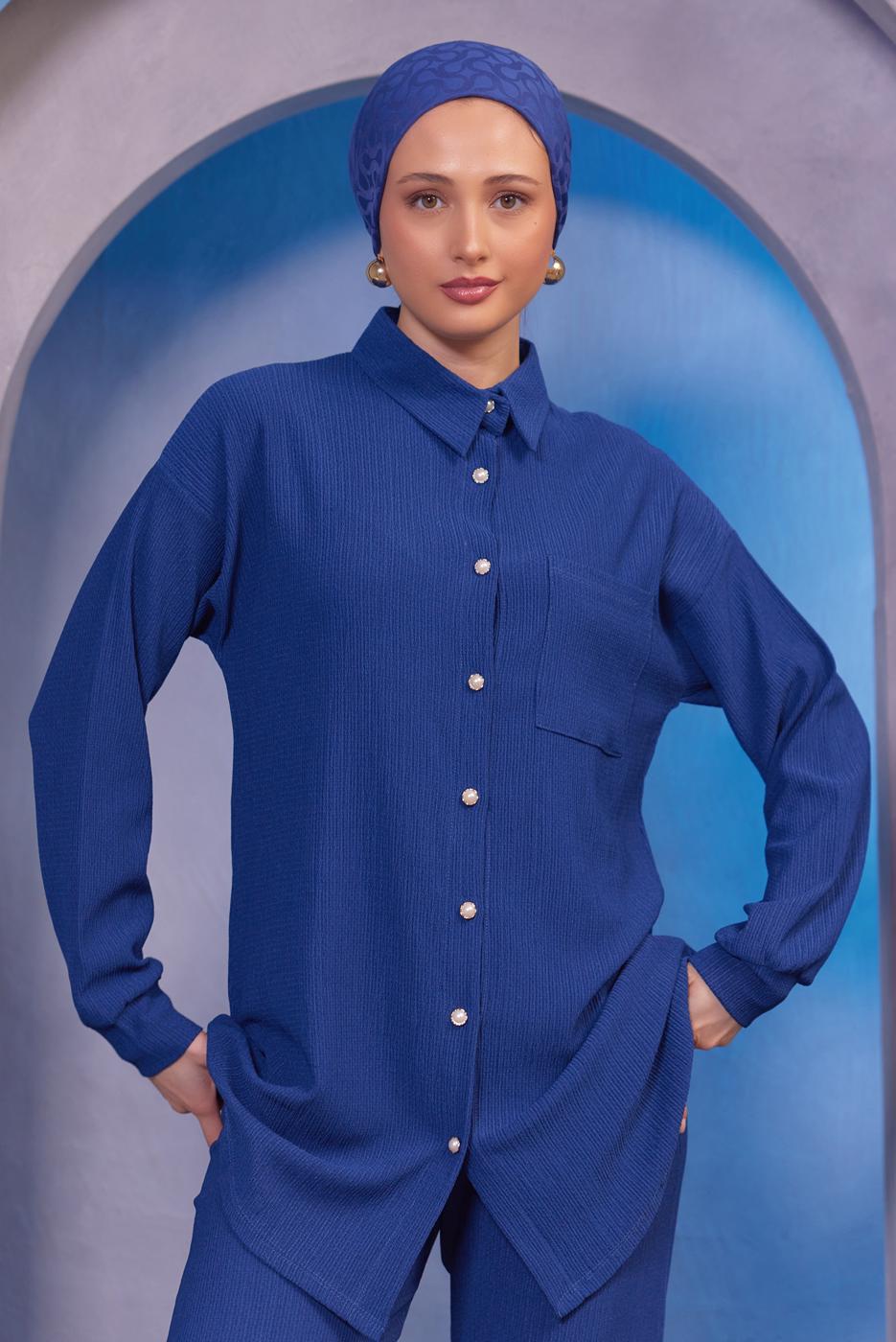 Tesettür giyim LACİVERT GÖMLEK YAKA PANTOLONLU TAKIM T 4393
