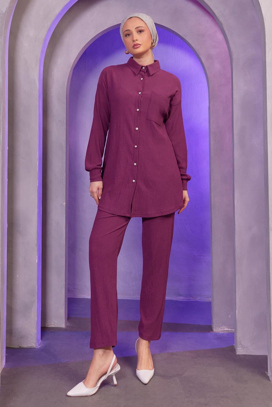 Tesettür giyim MOR GÖMLEK YAKA PANTOLONLU TAKIM T 4393