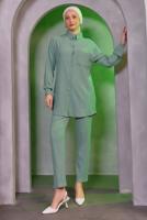 Tesettür giyim YEŞİL GÖMLEK YAKA PANTOLONLU TAKIM T 4393