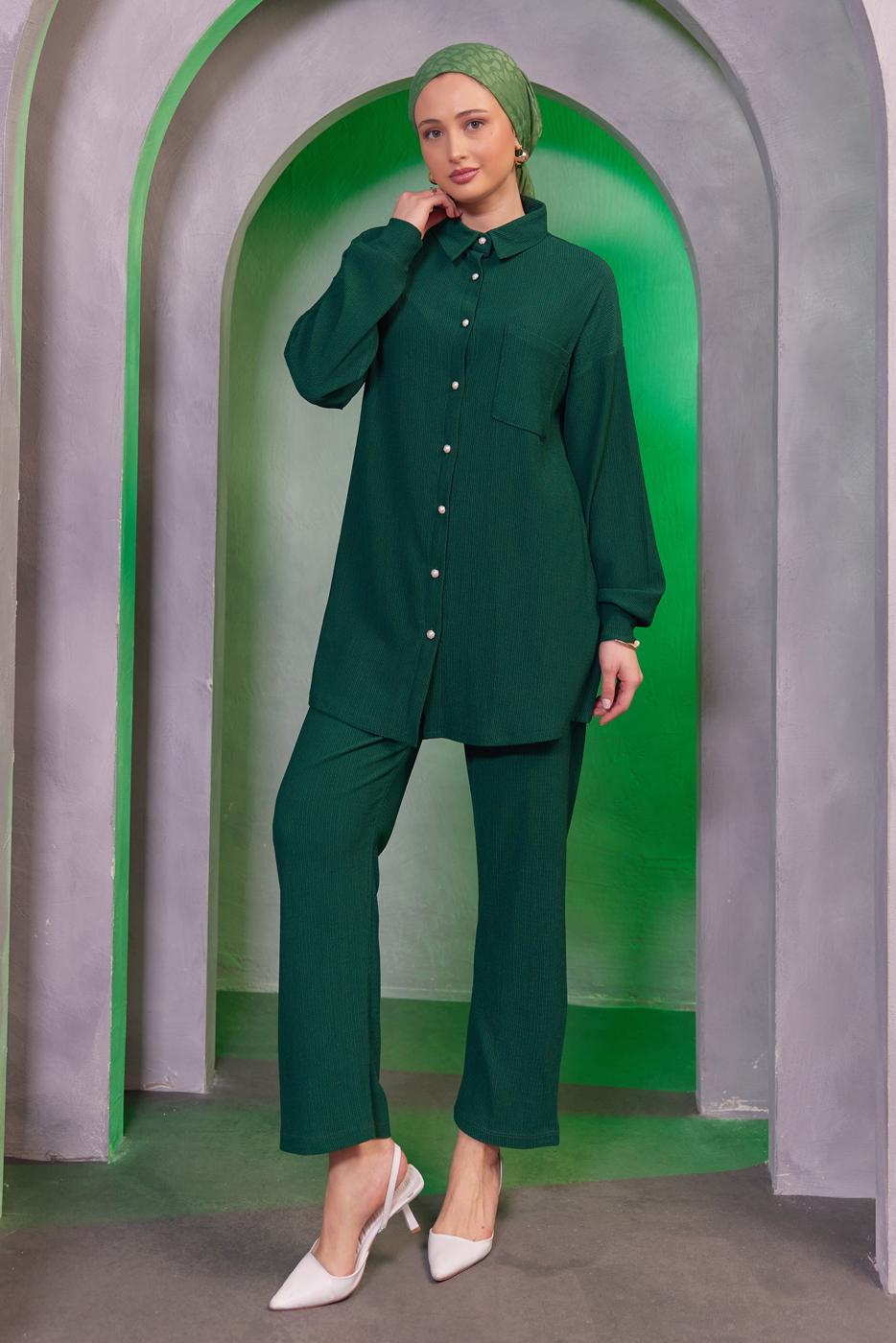 Tesettür giyim YEŞİL GÖMLEK YAKA PANTOLONLU TAKIM T 4393