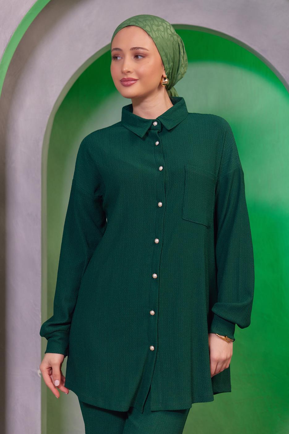 Tesettür giyim YEŞİL GÖMLEK YAKA PANTOLONLU TAKIM T 4393