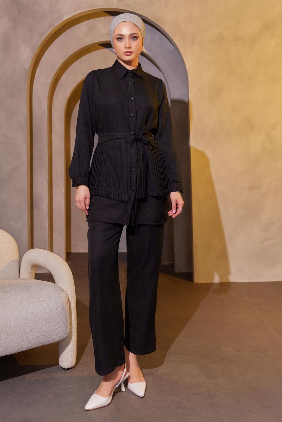 Tesettür giyim SİYAH PİLİSE DETAYLI PANTOLONLU TAKIM T 4493