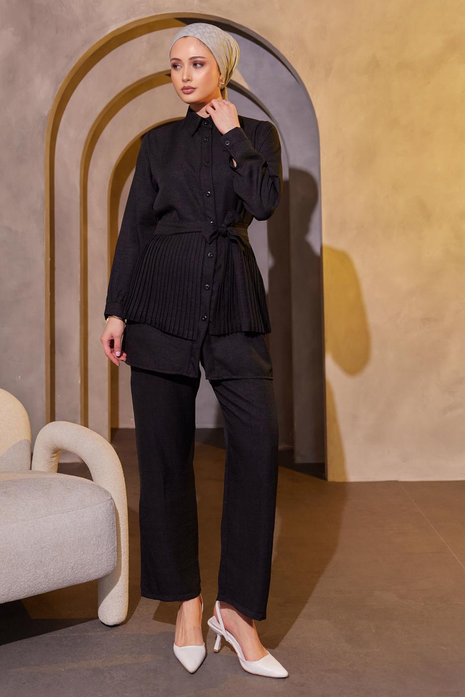 Tesettür giyim SİYAH PİLİSE DETAYLI PANTOLONLU TAKIM T 4493