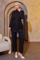 Tesettür giyim SİYAH PİLİSE DETAYLI PANTOLONLU TAKIM T 4493