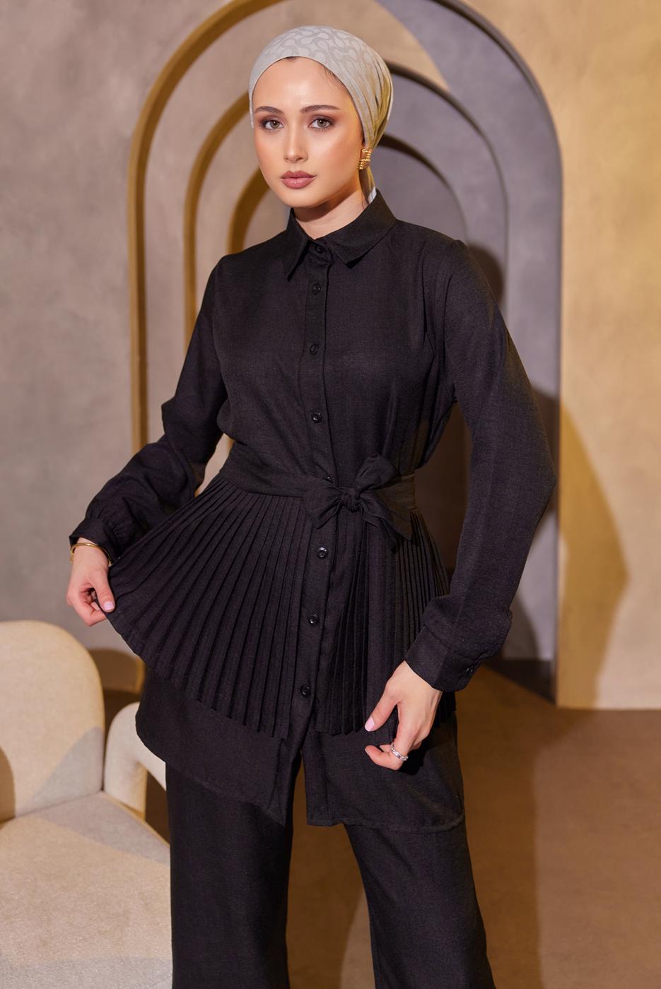 Tesettür giyim SİYAH PİLİSE DETAYLI PANTOLONLU TAKIM T 4493