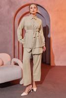 Tesettür giyim BEJ PİLİSE DETAYLI PANTOLONLU TAKIM T 4493