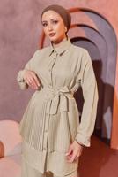 Tesettür giyim BEJ PİLİSE DETAYLI PANTOLONLU TAKIM T 4493