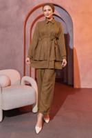 Tesettür giyim KAHVE PİLİSE DETAYLI PANTOLONLU TAKIM T 4493