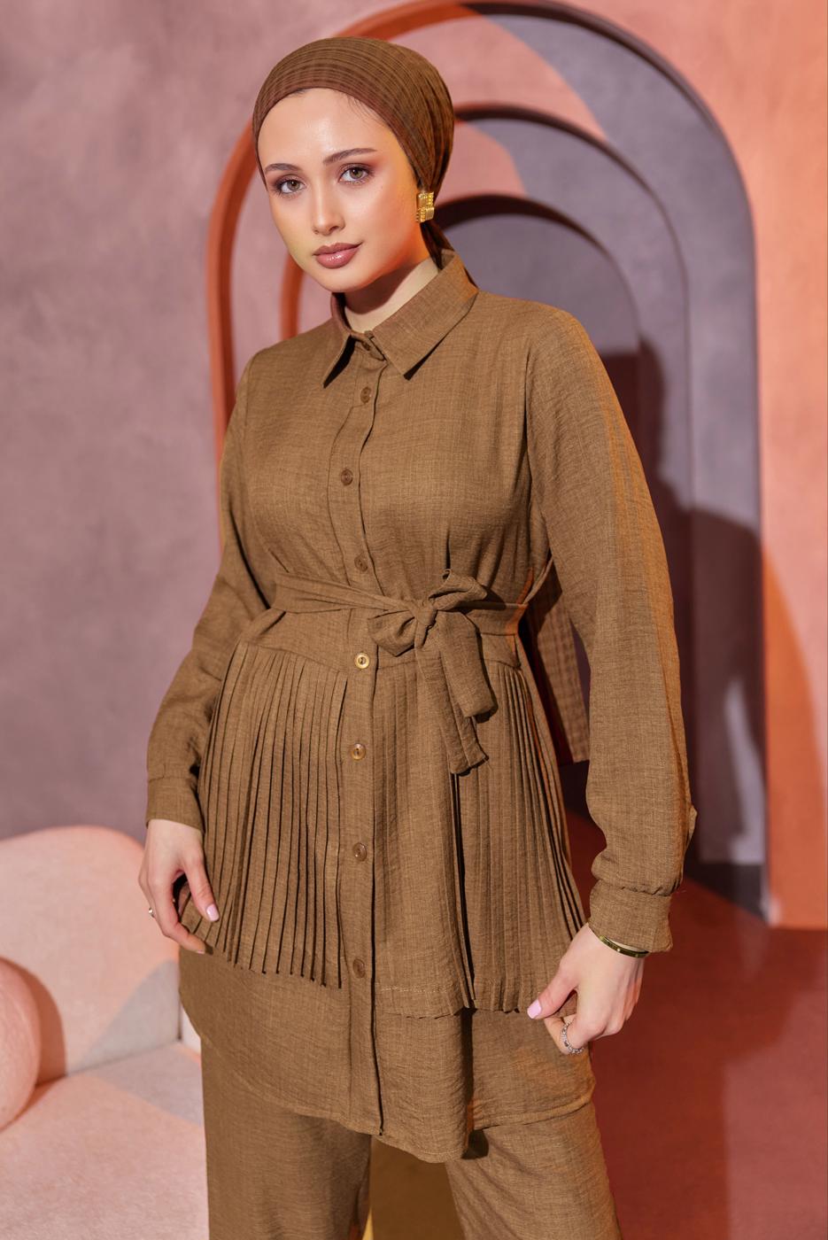 Tesettür giyim KAHVE PİLİSE DETAYLI PANTOLONLU TAKIM T 4493