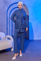 Tesettür giyim LACİVERT PİLİSE DETAYLI PANTOLONLU TAKIM T 4493