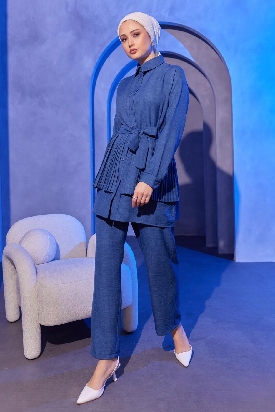 Tesettür giyim LACİVERT PİLİSE DETAYLI PANTOLONLU TAKIM T 4493