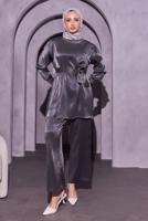 Tesettür giyim GRİ ZİNCİR DETAYLI PANTOLONLU TAKIM T 4693