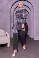 Tesettür giyim GRİ ZİNCİR DETAYLI PANTOLONLU TAKIM T 4693