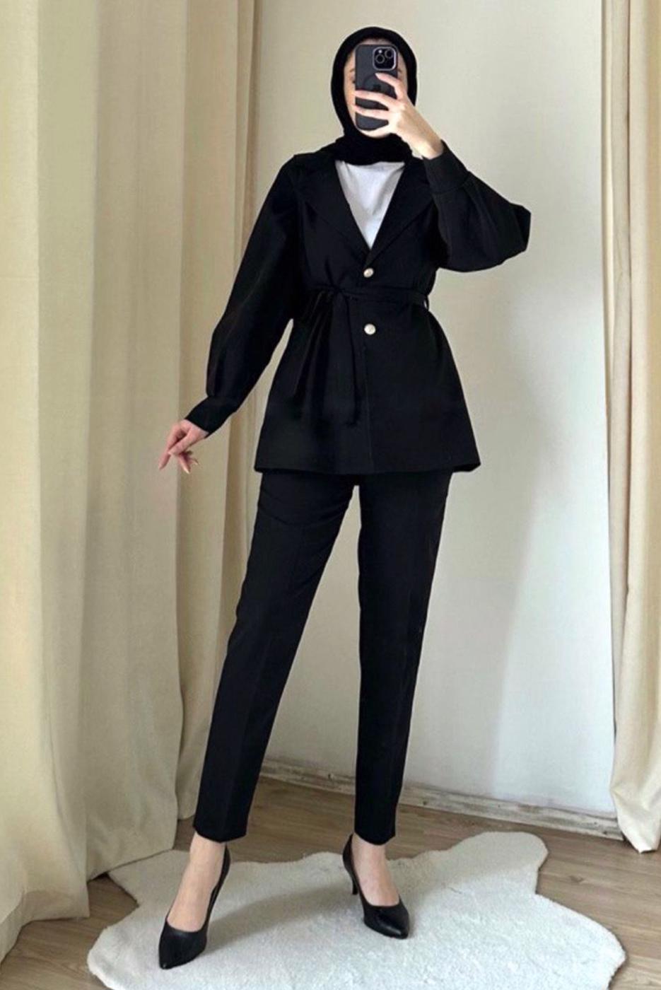 Tesettür giyim SİYAH KUŞAKLI PANTOLONLU TAKIM T 4895