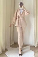 Tesettür giyim BEJ KUŞAKLI PANTOLONLU TAKIM T 4895