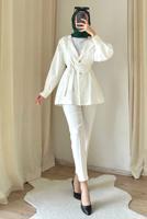 Tesettür giyim EKRU KUŞAKLI PANTOLONLU TAKIM T 4895