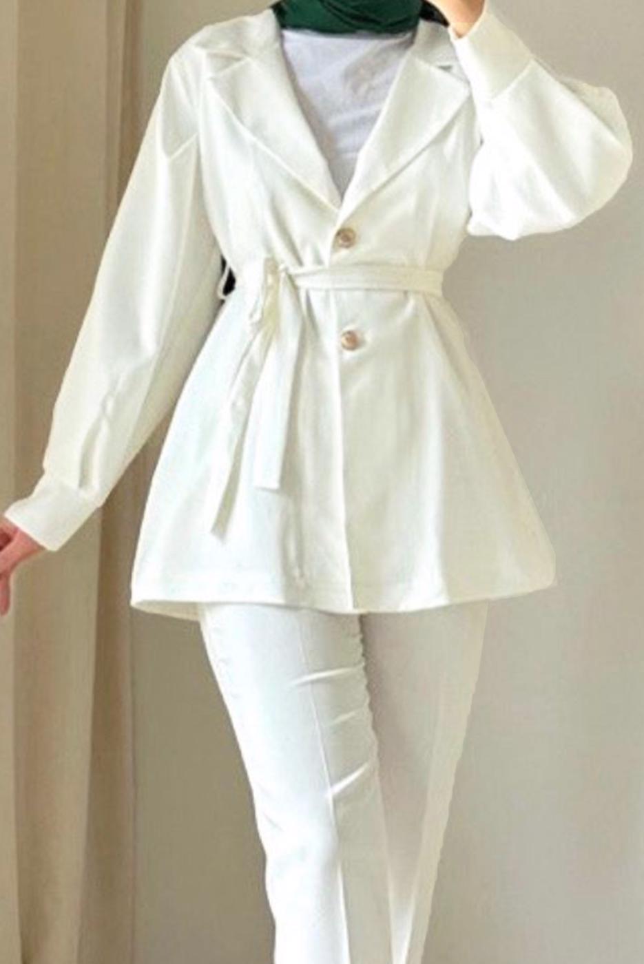 Tesettür giyim EKRU KUŞAKLI PANTOLONLU TAKIM T 4895