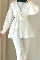 Tesettür giyim EKRU KUŞAKLI PANTOLONLU TAKIM T 4895