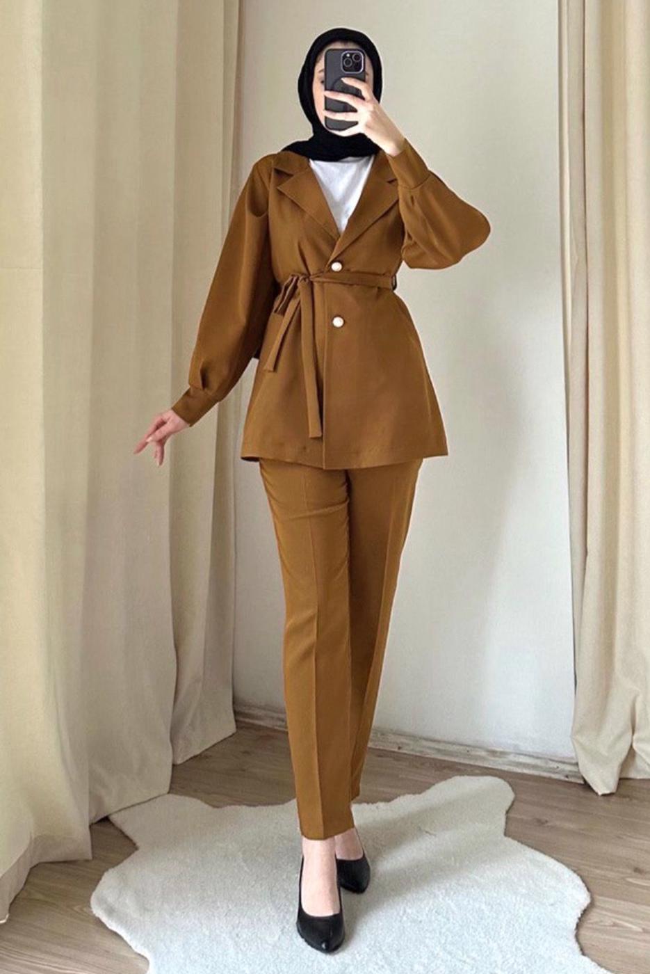 Tesettür giyim KAHVE KUŞAKLI PANTOLONLU TAKIM T 4895