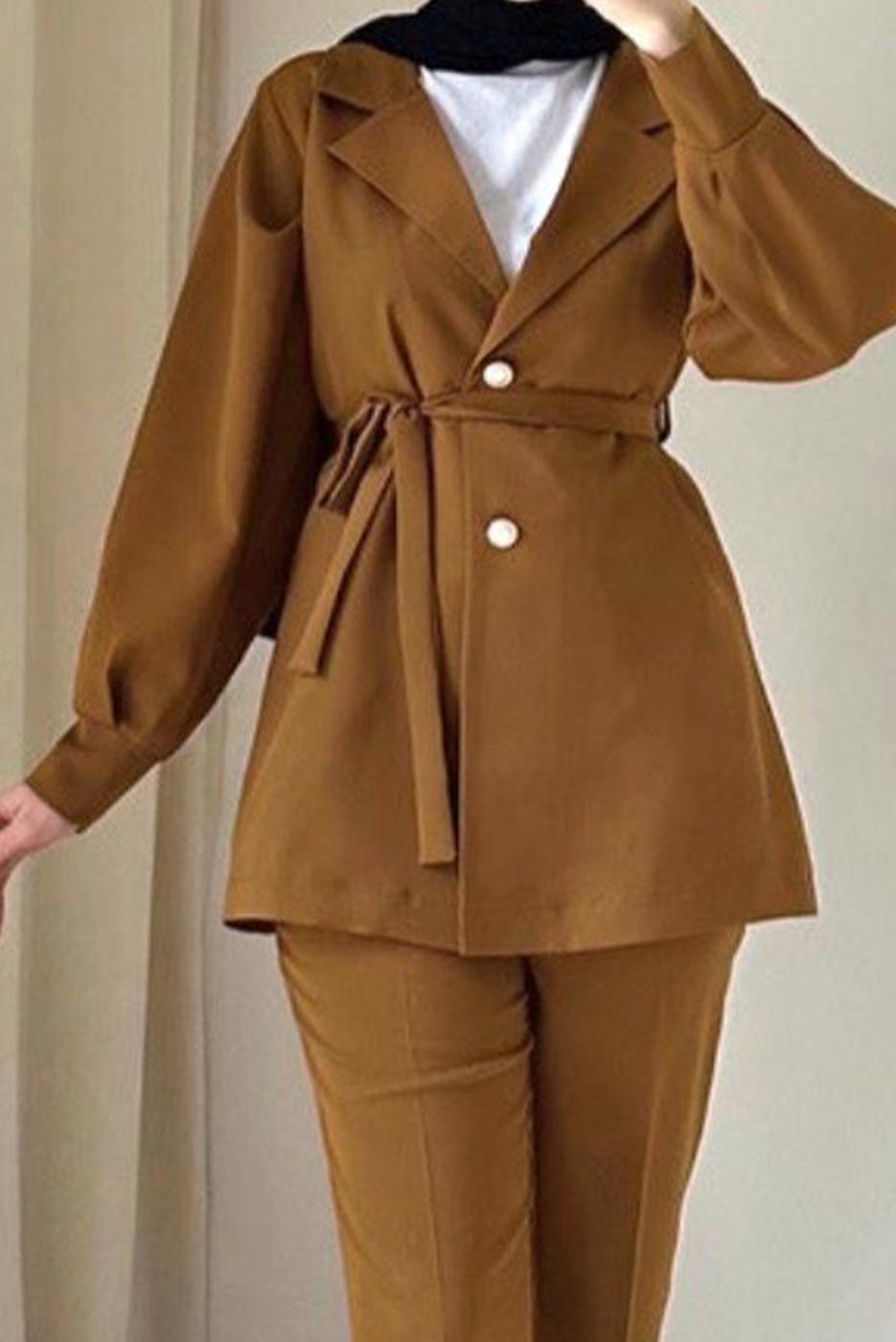 Tesettür giyim KAHVE KUŞAKLI PANTOLONLU TAKIM T 4895