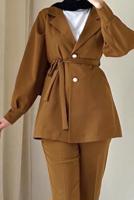 Tesettür giyim KAHVE KUŞAKLI PANTOLONLU TAKIM T 4895