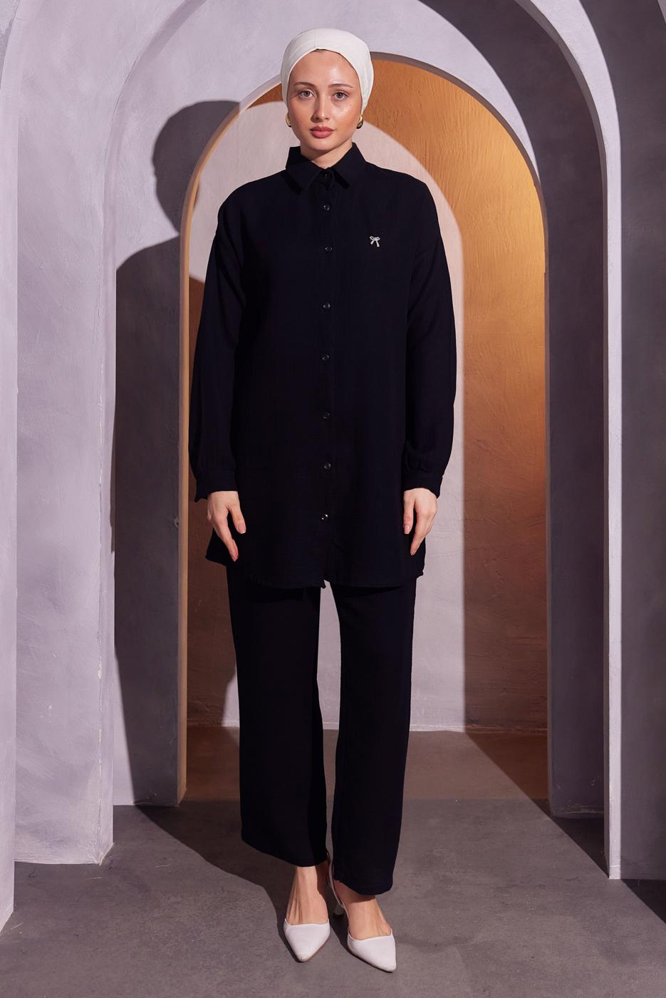Tesettür giyim SİYAH PANTOLONLU MÜSLİN TAKIM T 4904