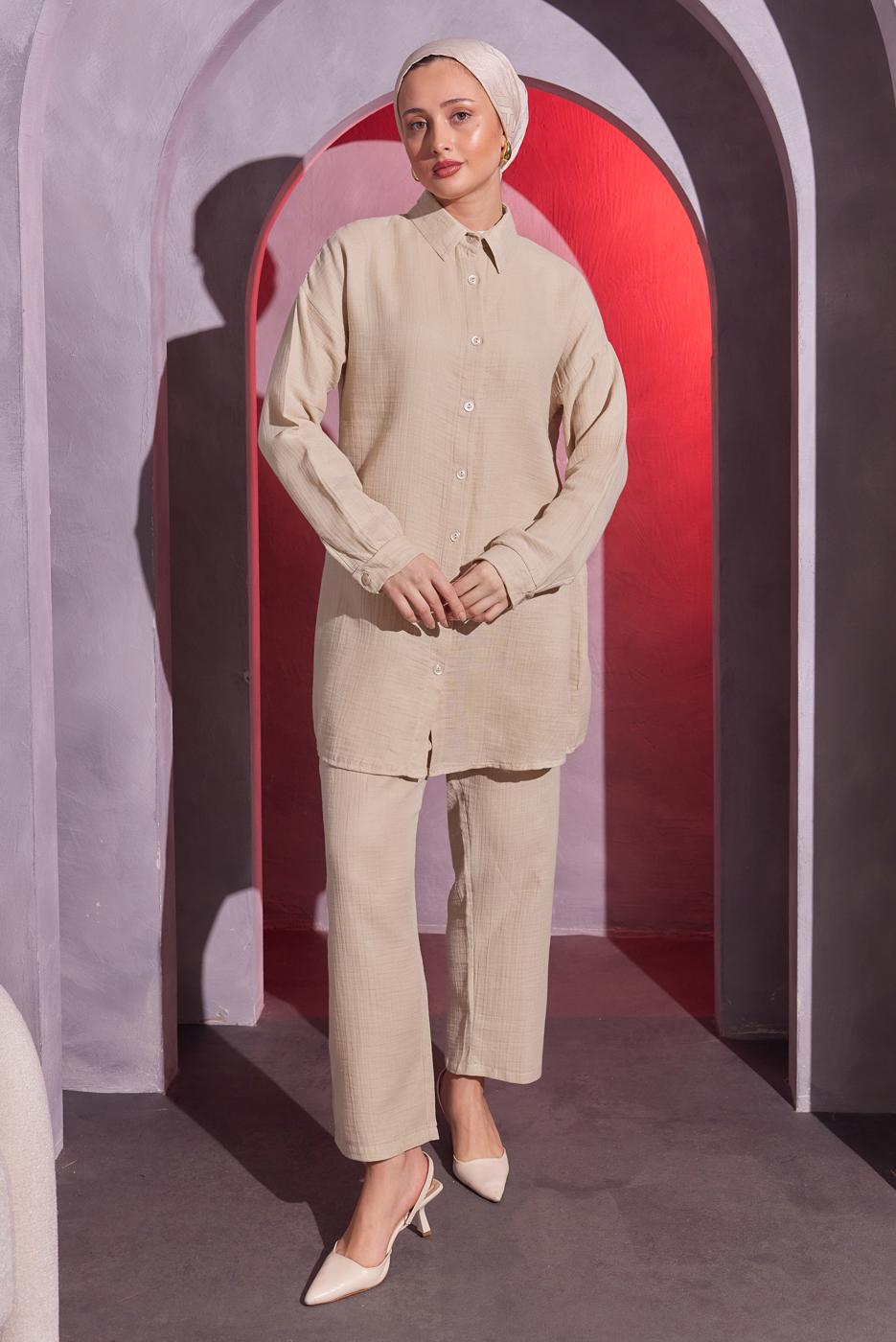 Tesettür giyim BEJ PANTOLONLU MÜSLİN TAKIM T 4904