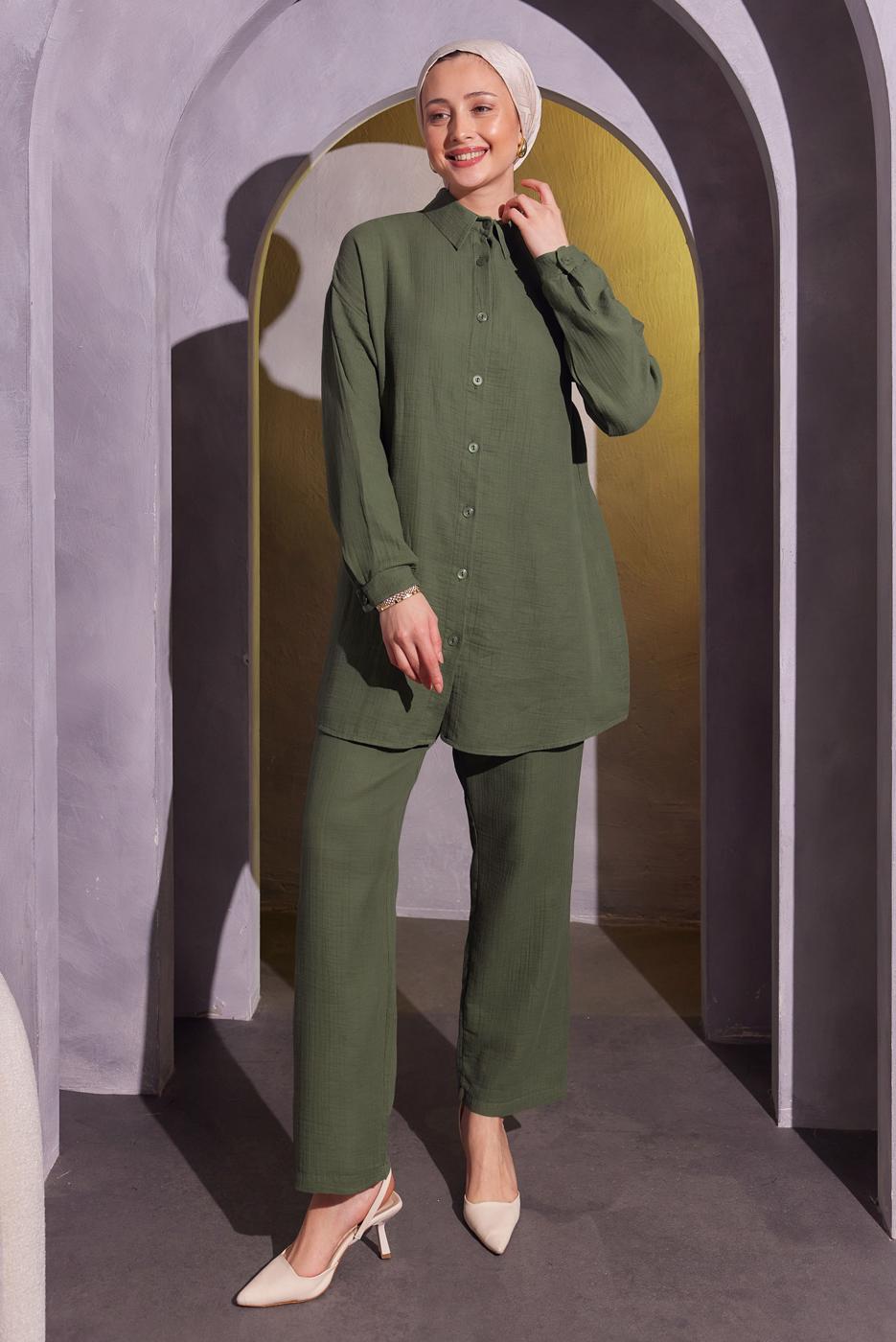 Tesettür giyim HAKİ PANTOLONLU MÜSLİN TAKIM T 4904